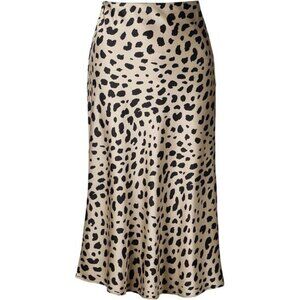 Womens Leopard Print Skirt Midi Long Length Silk Satin High Waist Elastic Skirts